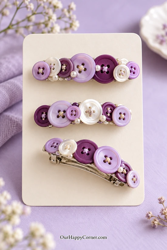 Lilac button hair clips on a cream display card