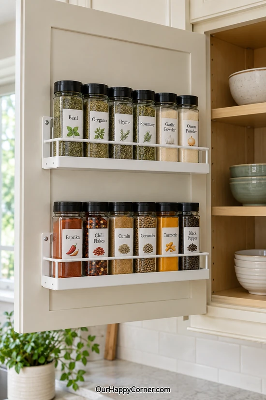 Two shallow white spice racks mounted inside a kitchen cabinet door