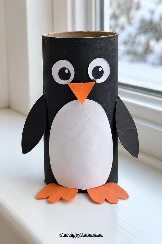 Black cardboard tube penguin with orange paper feet