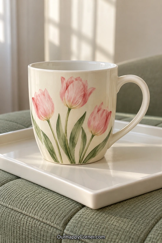 Tall white ceramic cup painted with three pink tulips and green leaves