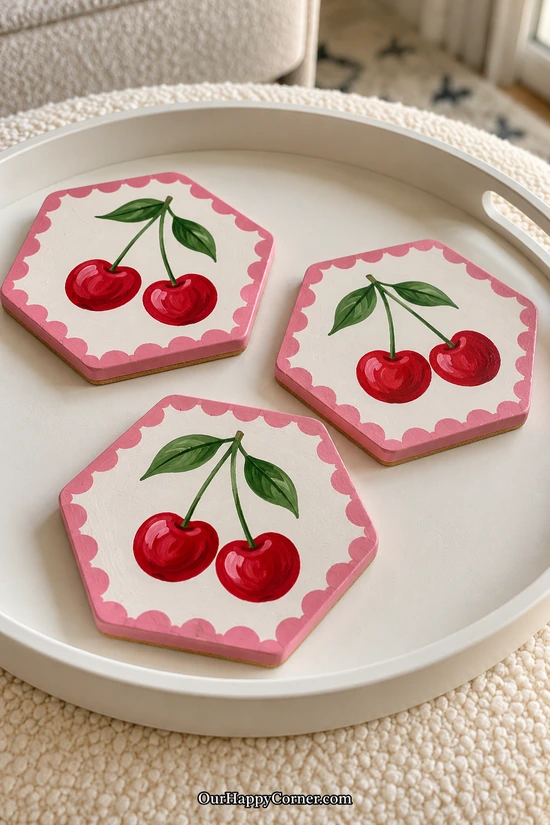 Cherry coasters with pink scalloped borders on a warm white base