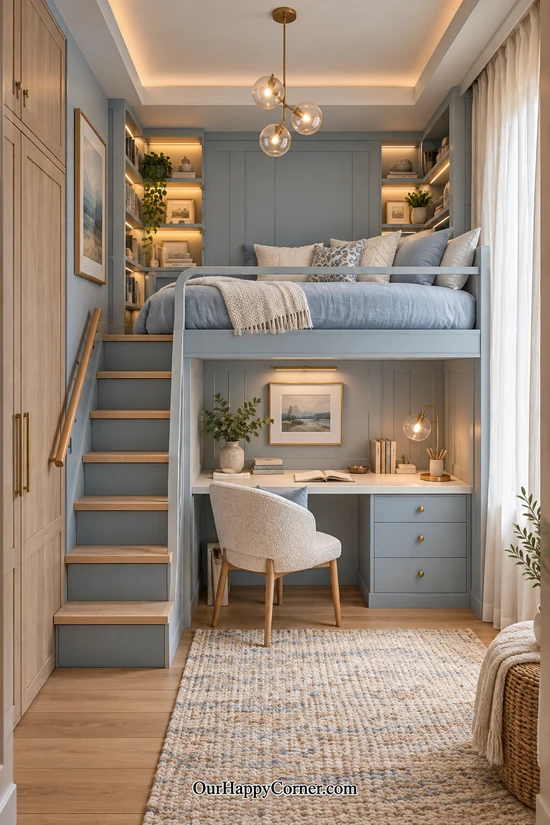 Dusty blue loft bedroom with white bedding and oak accents