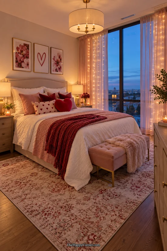 Warm window fairy lights beside a romantic pink bedroom