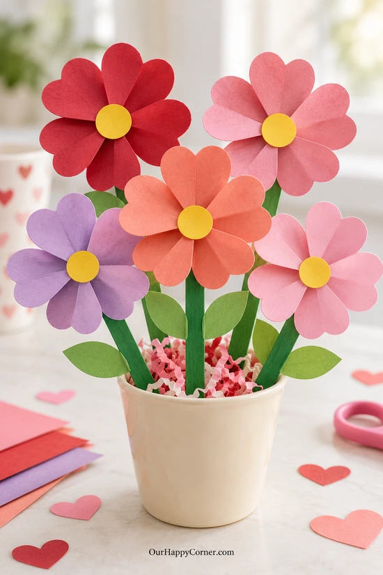 Paper heart flowers with green stems in a cream cup