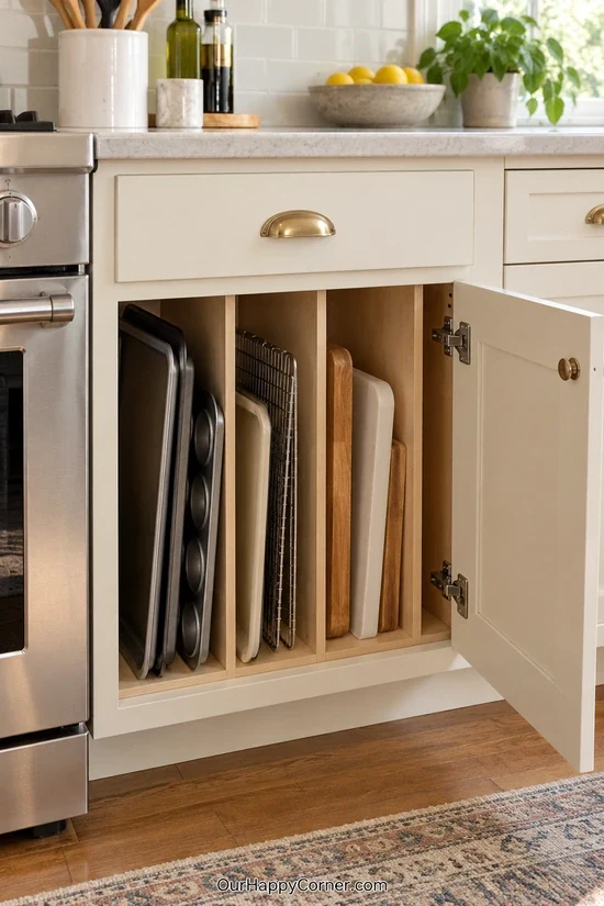 Baking sheets and cutting boards in vertical cabinet slots