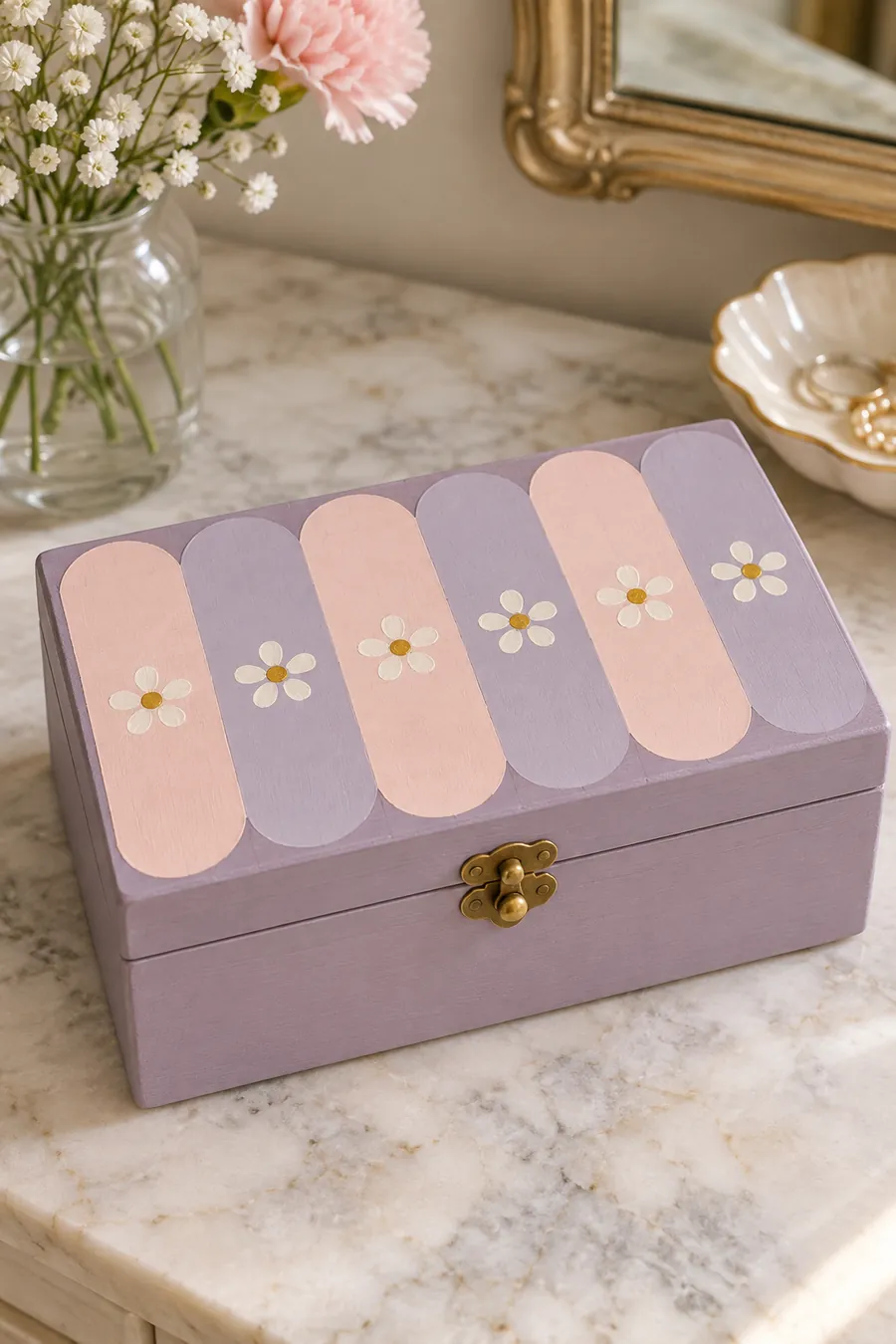Lilac jewelry box with pink scallops and tiny cream flowers