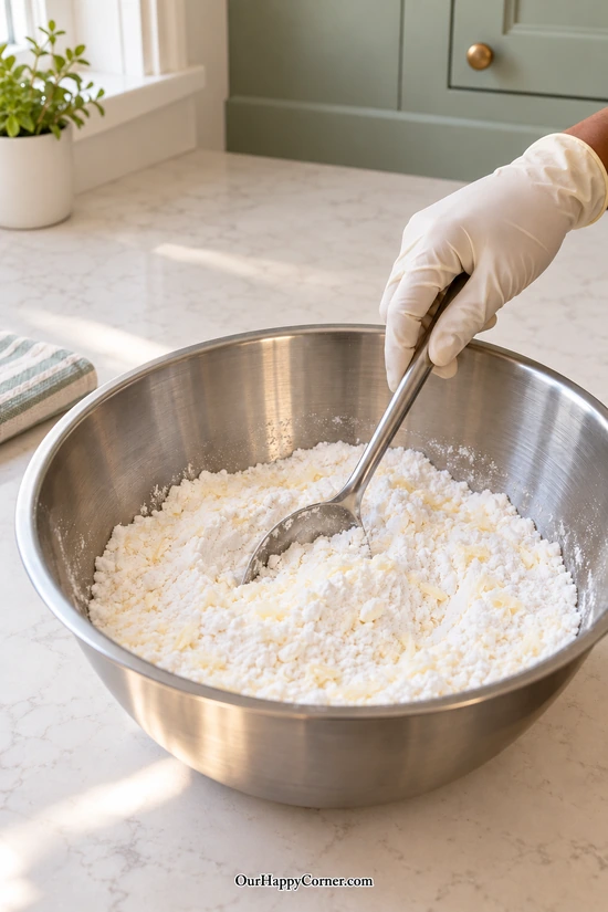 Stainless steel spoon mixing soap flakes and white laundry powders