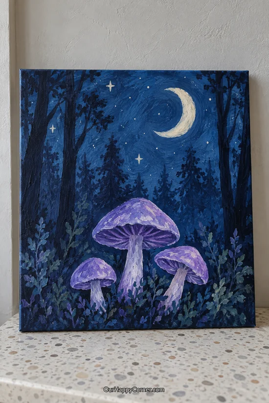 Violet mushrooms beneath a crescent moon and dark trees