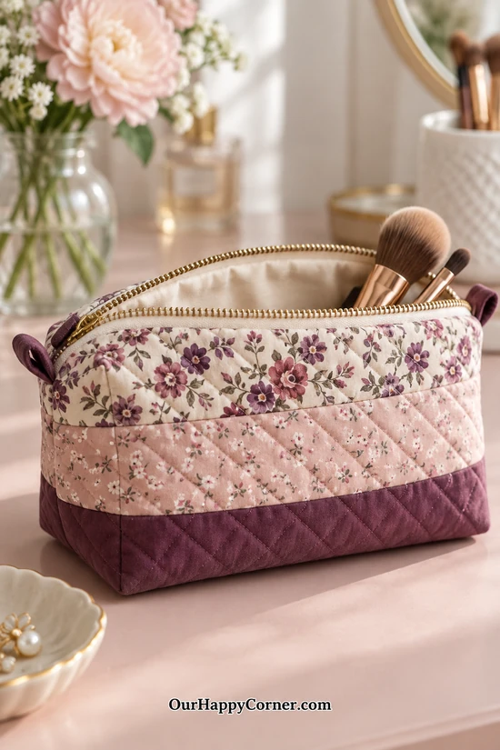 Mauve floral quilted makeup bag with a zipper and boxed lower corners fabric scraps ideas