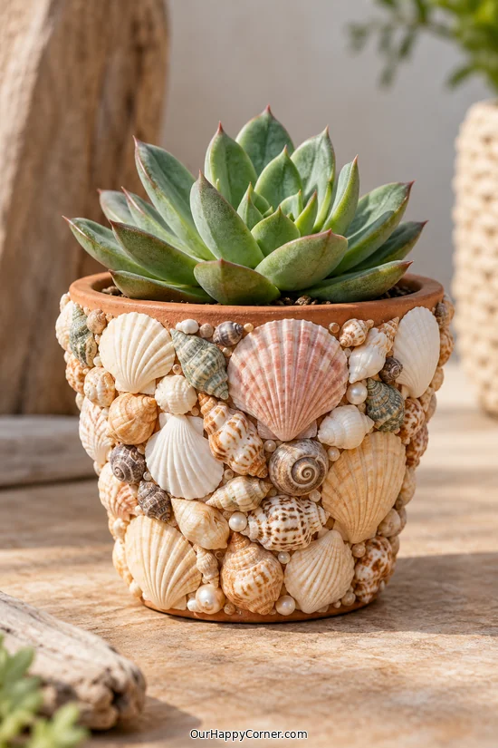 Shell-Covered Succulent Planter handmade craft