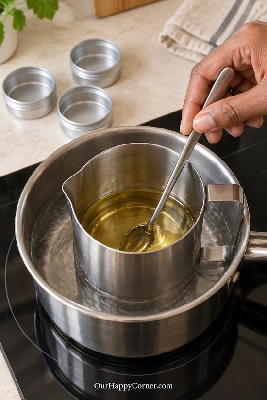 Stirring melted beeswax lip balm until the liquid is clear