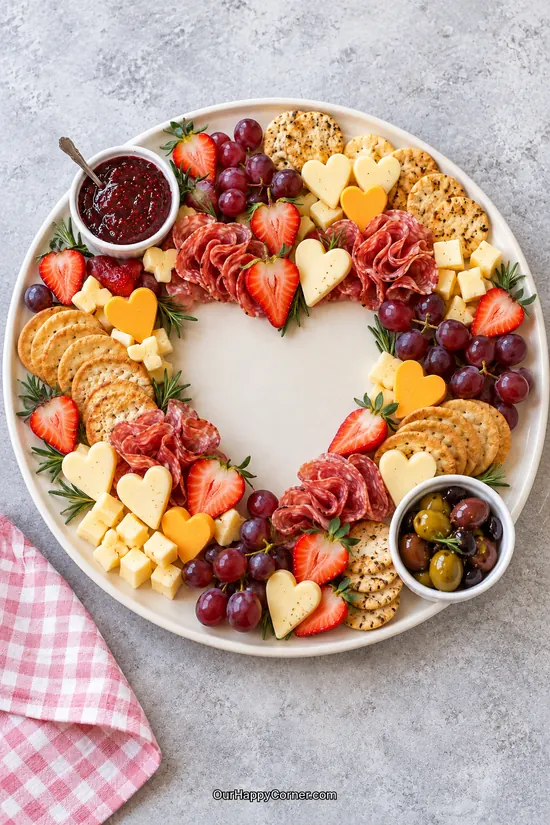 Cheese hearts, strawberries, grapes, salami folds, and crackers arranged in a grazing wreath
