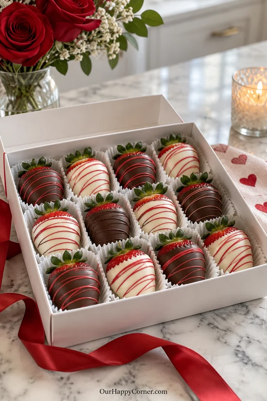 Chocolate-covered strawberries arranged in a Valentine bakery gift box