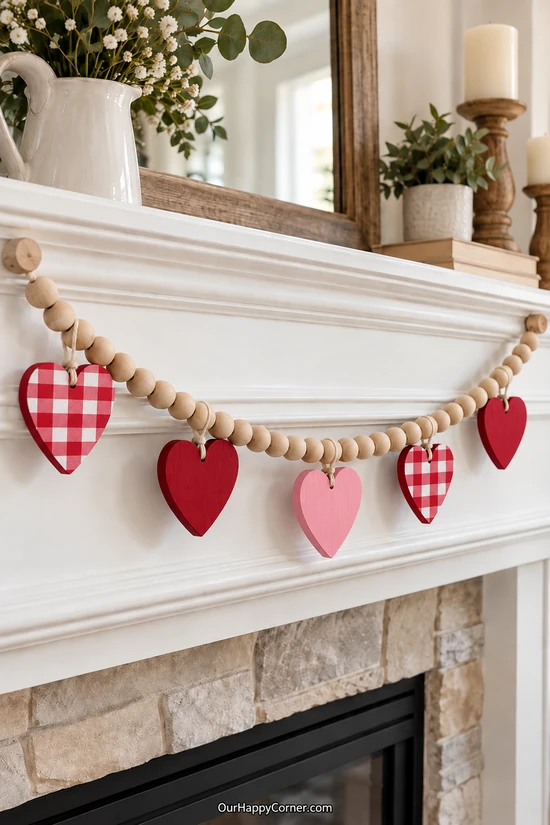 Valentine wood crafts garland with natural beads and red-and-white gingham, pink, and red heart pendants