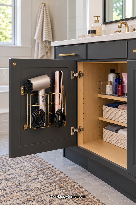 Bathroom organization with door-mounted hair tools and recessed cabinet shelves