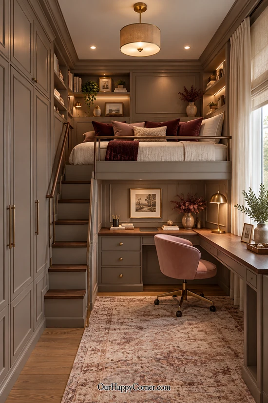 Mushroom loft bedroom with burgundy cushions and a pink desk chair small bedroom design ideas
