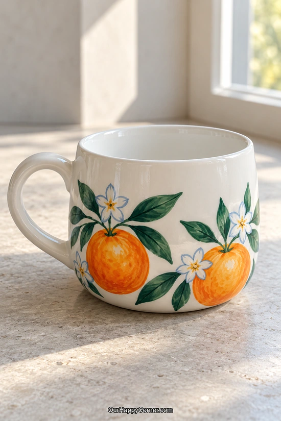 Ceramic cup painting ideas featuring oranges, green leaves, and white blossoms