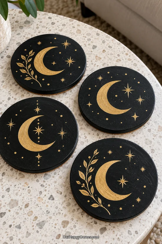 Celestial coaster painting ideas with gold crescent moons on black