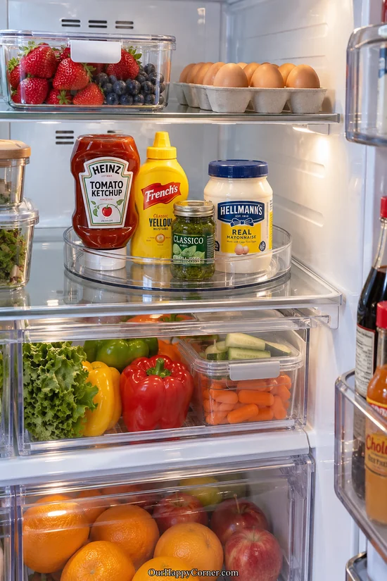 Clear lazy Susan holding ketchup, mustard, mayonnaise, and pesto fridge organization ideas