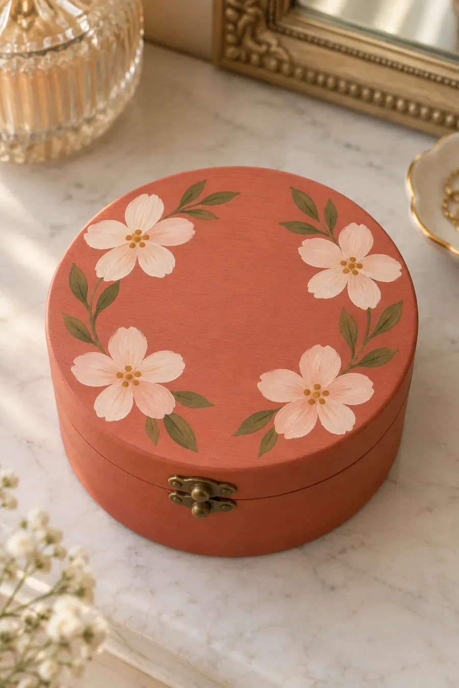 Coral round jewelry box with four cream blossoms