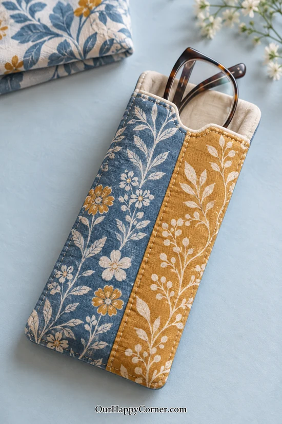 Blue botanical and mustard floral fabric glasses sleeve with a pale lining