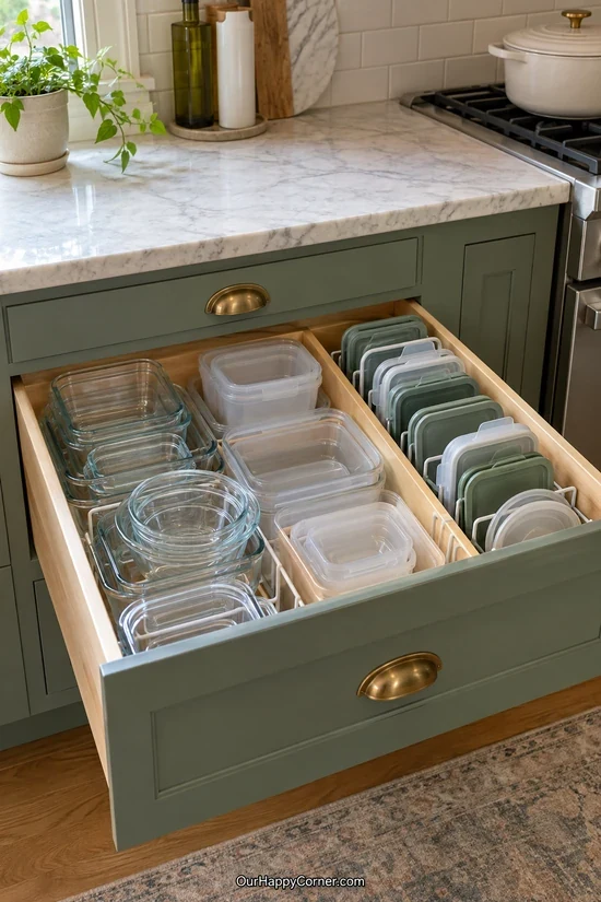 Food containers and lids separated in a deep drawer