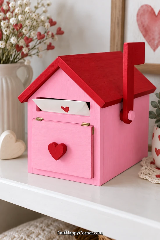 Candy pink wooden tabletop mailbox with a red pitched roof, side flag, and heart knob