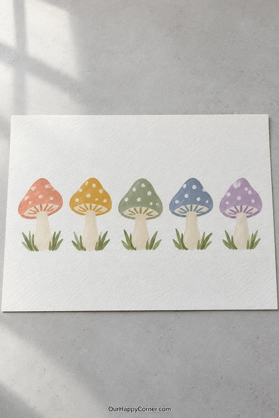 Mushroom painting ideas featuring five pastel mushrooms in a row with grass