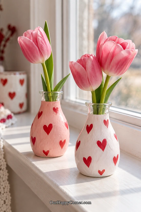 Painted Heart Vases in red and pink Valentine colors