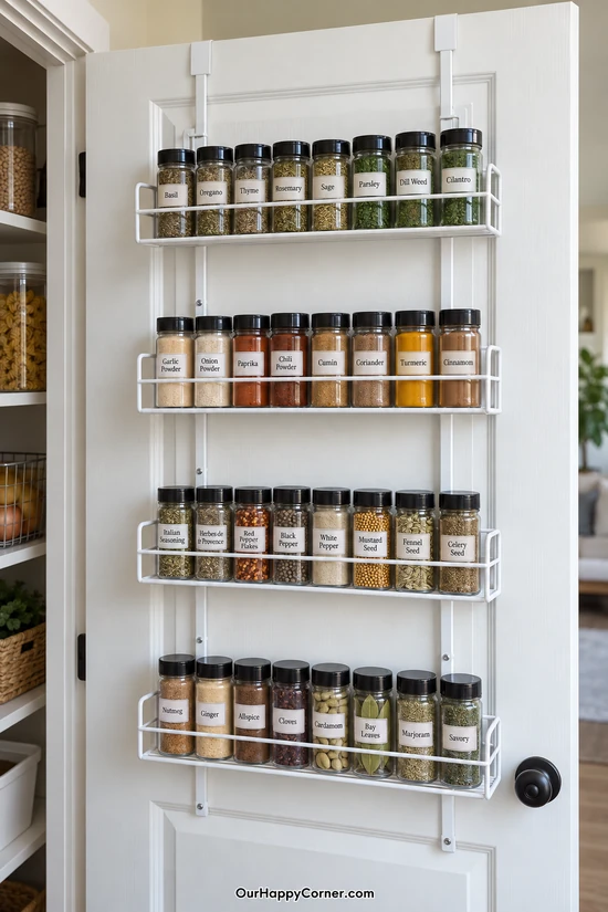 Over-the-door pantry organizer with four white baskets of spice jars