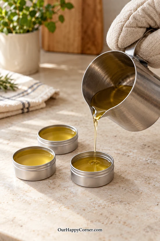 Pouring melted balm into small aluminum tins