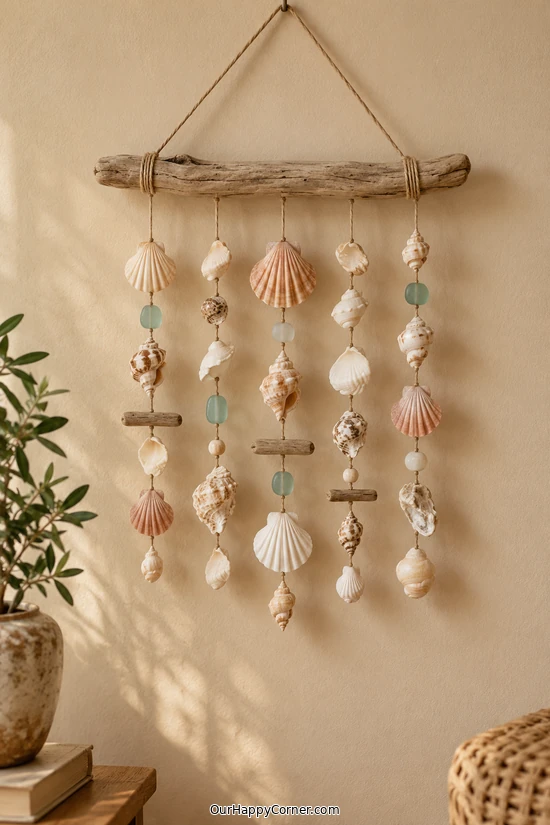 Seashell crafts for adults featuring driftwood and shell wall mobile