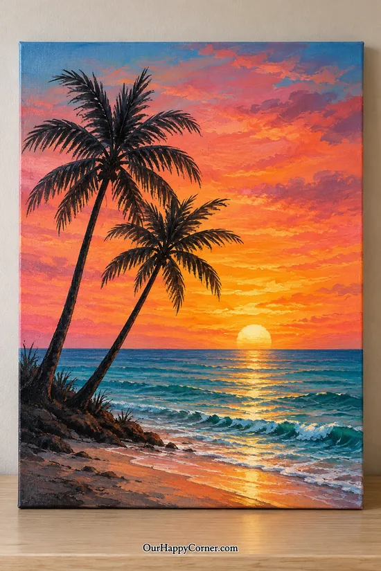 Sunset painting ideas featuring tropical palm beach at sunset