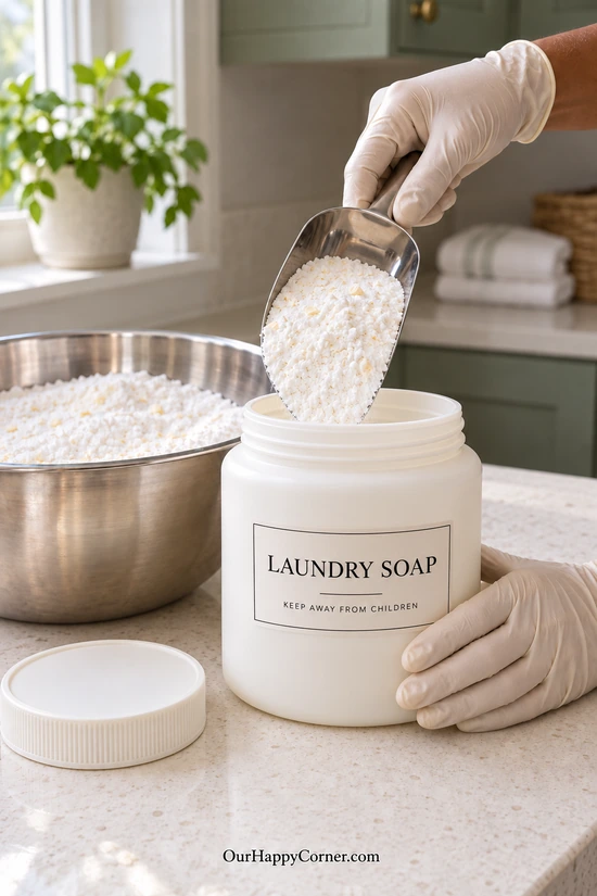 Transferring laundry soap powder into a wide-mouth cream canister