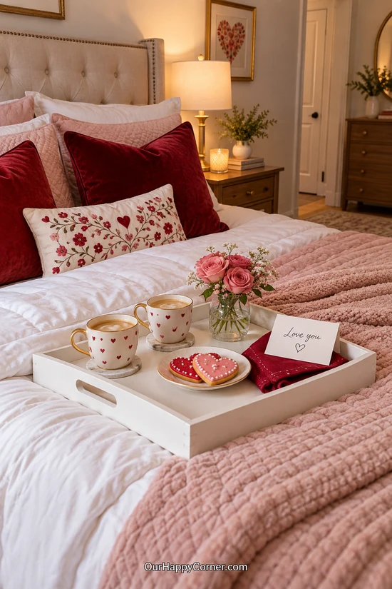 Heart cookies, mugs, roses, and a Valentine card on a bed tray