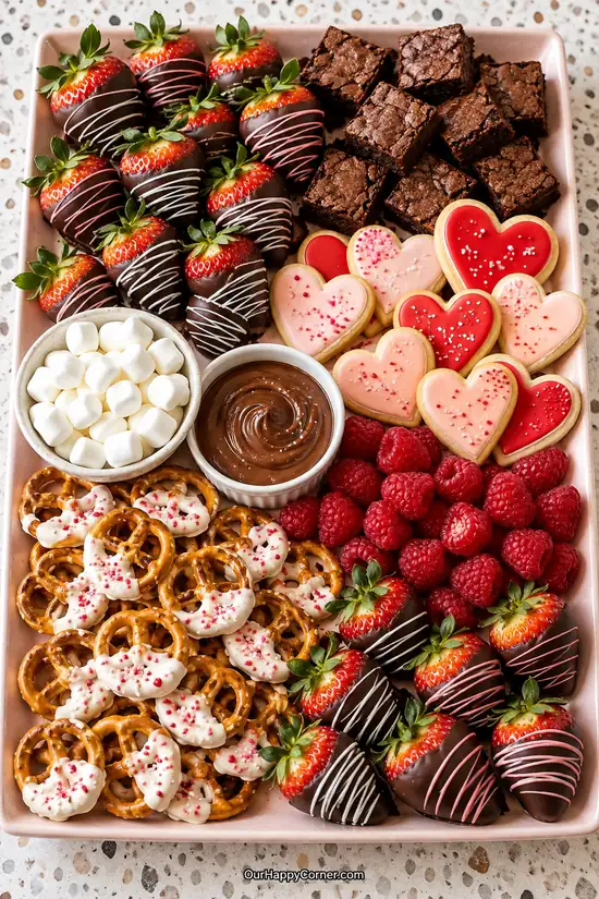 Valentine’s charcuterie board with chocolate strawberries, heart cookies, brownies, and dipped pretzels