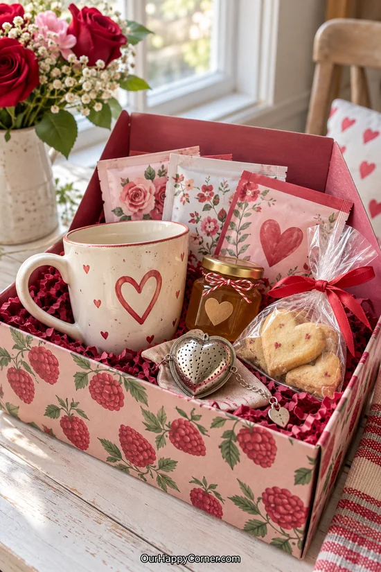 Tea gift box with a mug, honey, shortbread, and an infuser