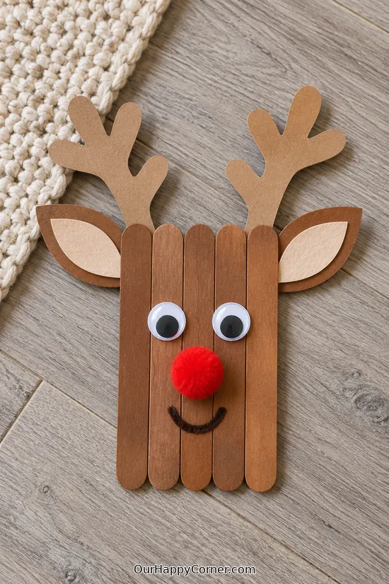 winter animal crafts for kids with craft stick reindeer plaque