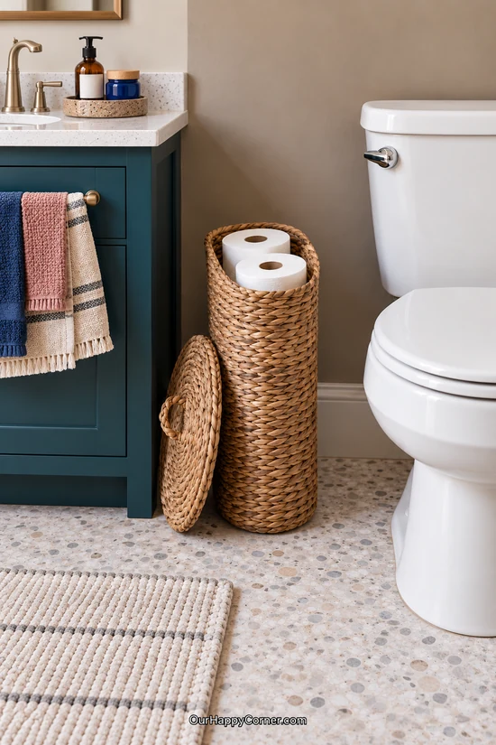 A tall woven basket stores spare toilet rolls beside a teal vanity