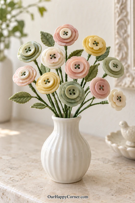 Pastel button flower bouquet with wire stems in a vase