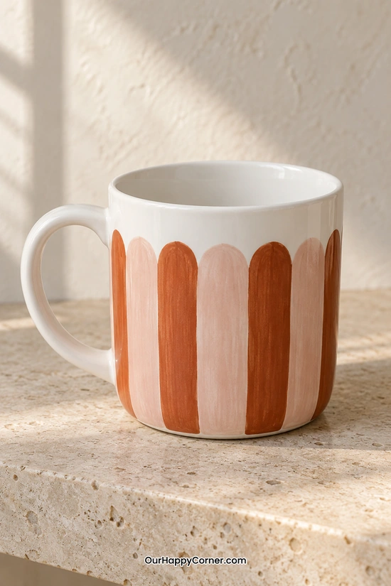 White ceramic mug painted with terracotta and blush scalloped stripes