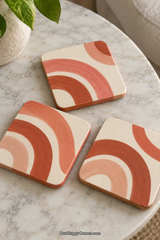 Cream square coasters painted with terracotta and peach arches