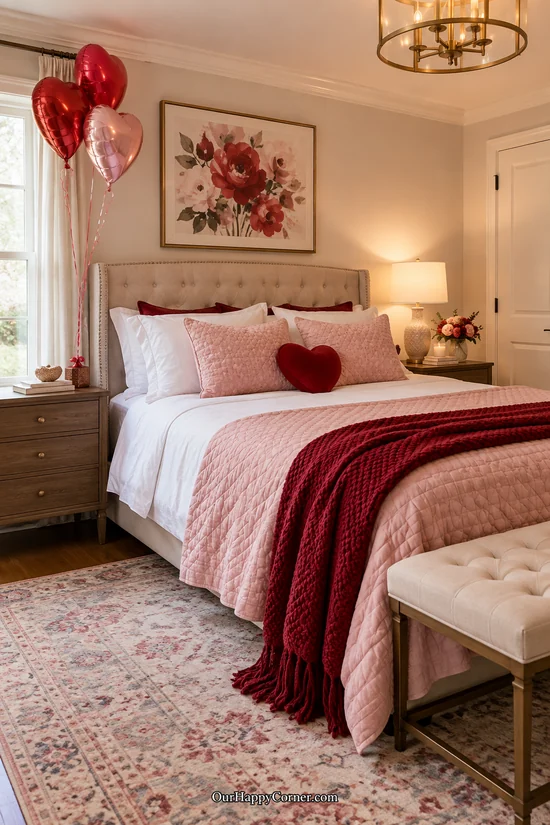 Heart balloons beside a white bed with burgundy accents