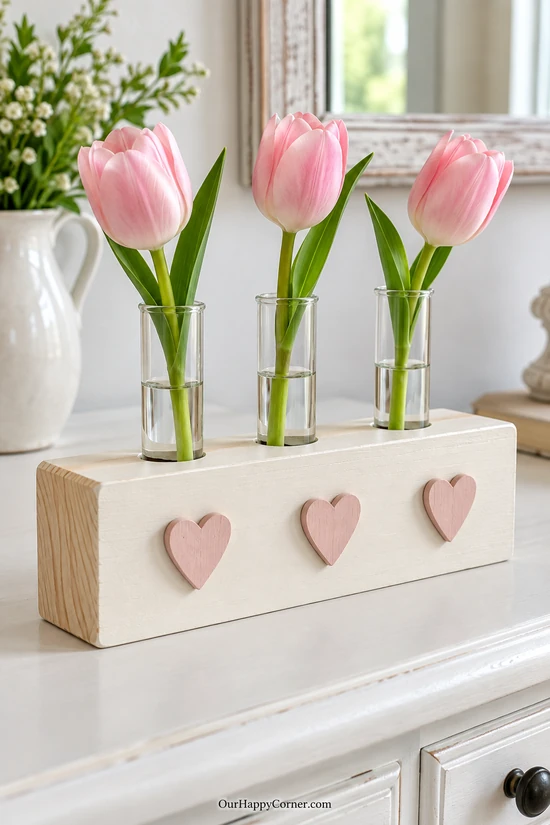 Ivory wooden vase block with three pink hearts and glass tubes holding pink tulips