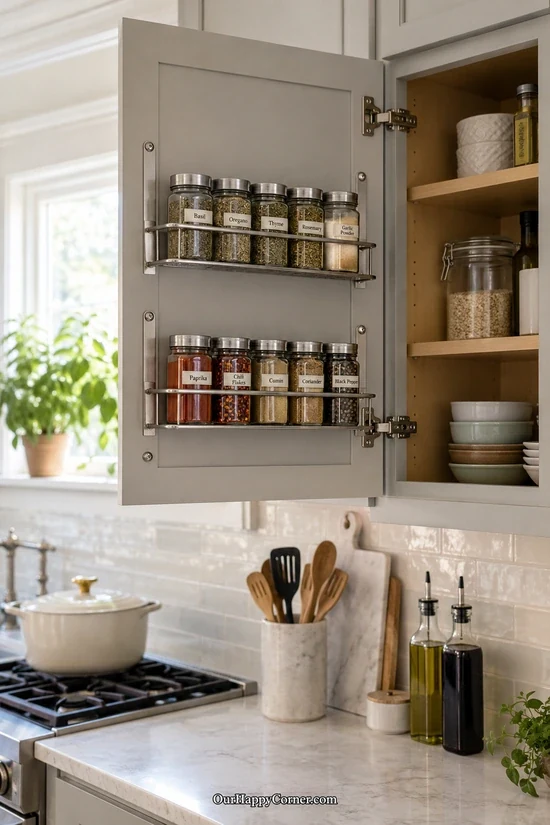 Kitchen organization with a door-mounted spice rack