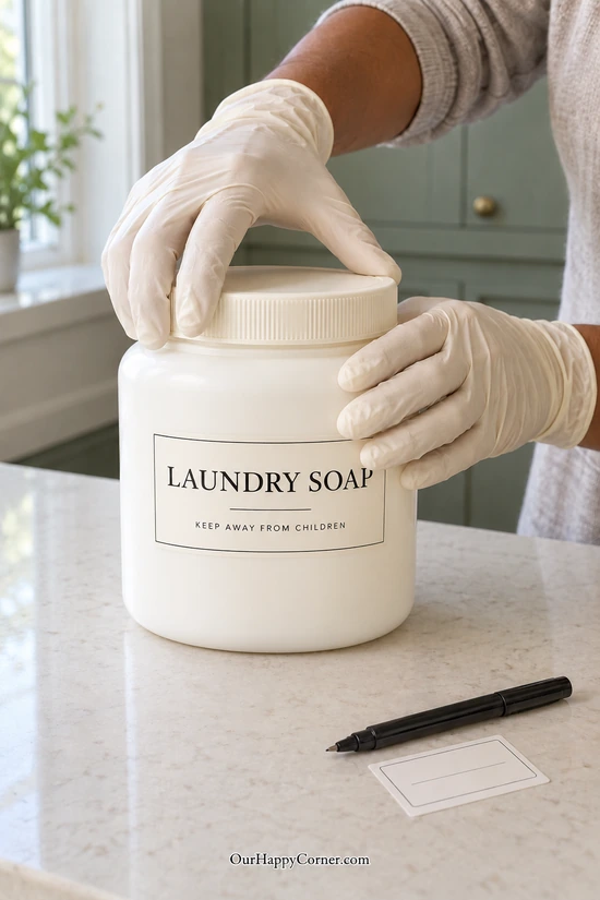 Gloved hands closing a clearly labeled laundry soap canister