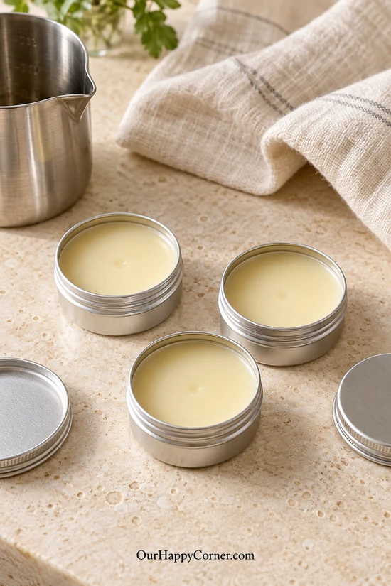 Uncovered tins of beeswax lip balm cooling on a countertop
