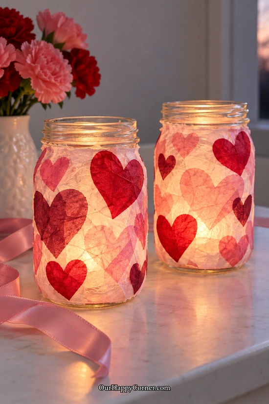 Mason Jar Heart Lanterns in red and pink Valentine’s Day crafts for adults