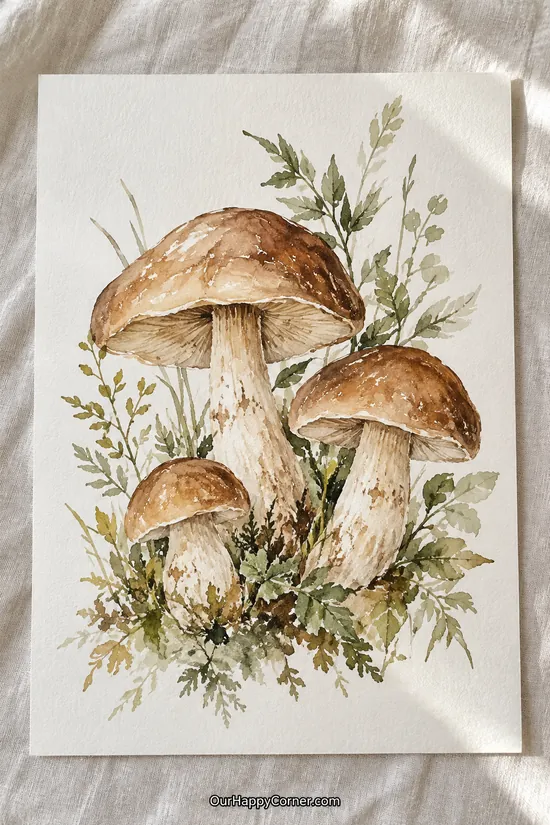Three brown mushrooms with soft olive watercolor foliage
