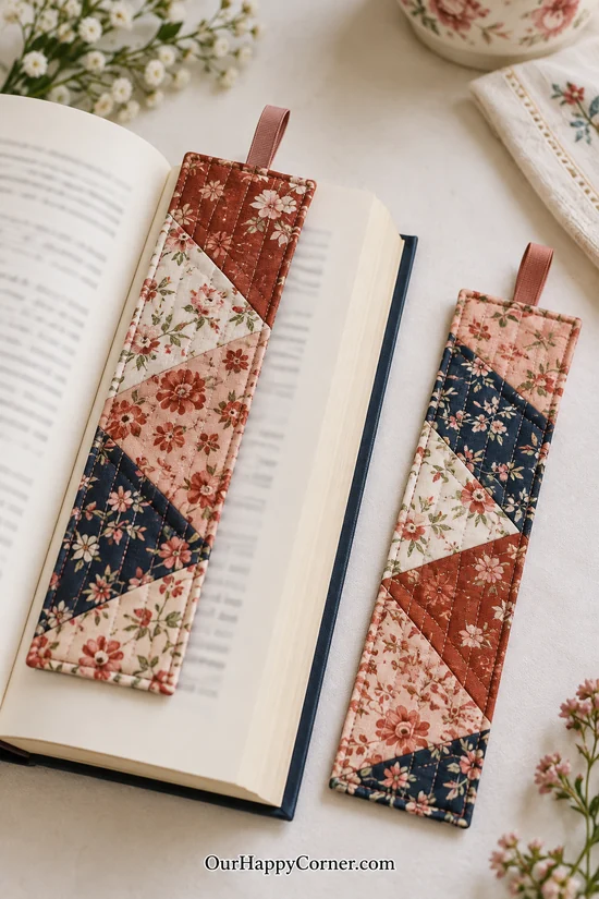 Two patchwork fabric bookmarks with floral panels and ribbon tabs